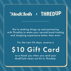 Send in your gently worn styles from ANY brand and receive ModCloth credit in return. ThredUp will handle the pricing, photography, and listing so you can focus on more important things, like shopping for next season’s styles. Focus On, Photography, Quick Saves