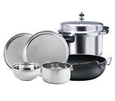 an assortment of pots and pans are shown in this image, including one with a lid