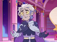 an animated character with blonde hair and yellow eyes wearing a purple cape, standing in front of