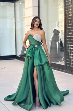 Women's emerald green silk prom dress, a-line strapless high slit with bow