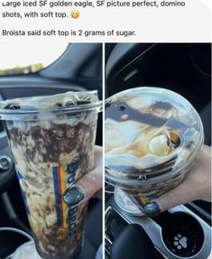 a person is holding a cup with ice cream in it and there are two pictures of the same item