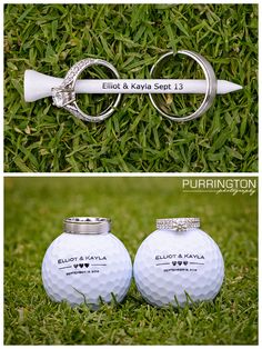 two golf balls with wedding rings on them in the grass and one has a pair of scissors