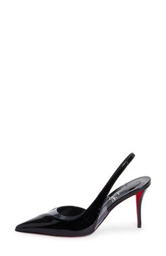 An illusion panel at the pointy toe plays up the asymmetric silhouette of this slingback pump that's made from patent calfskin and lifted by a sleek stiletto. A flash of Loubi red is visible with each clicking step thanks to the signature sole. 3" (80mm) heel Elasticized slingback strap Wipe with a soft, dry cloth and store in a dust bag Please note the red lacquer on soles will wear off as a result of normal use. To minimize the effect, avoid wearing in wet weather or on abrasive surfaces Leath Designer Patent Leather Slingback Pumps High Heel, Designer Patent Leather High Heel Slingback Pumps, Luxury Glossy Slingback Pumps For Formal Occasions, Luxury Glossy Finish Slingback Pumps For Formal Events, Black Patent Leather Slingback Pumps With Contrasting Heel, Designer Patent Leather Slingback Pumps For Party, Modern Slingback Pumps With Contrasting Heel For Party, Luxury Glossy Finish Slingback Pumps For Evening, Luxury Patent Leather Slingback Pumps With Red Sole