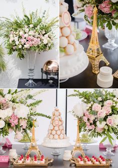 four different pictures of cakes and flowers in vases on the table at a paris themed party