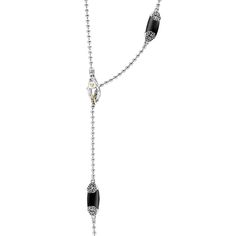 Six onyx gemstone stations highlighted by Caviar beading with seven sterling silver open square motifs highlighted by 18k gold on a sterling silver ball chain strand. Luxury Formal Jewelry With Black Beads, Elegant Sterling Silver Jewelry With Black Beads, Luxury Black Beads Jewelry For Formal Occasions, Elegant Black Jewelry With Satellite Chain, Elegant Black Jewelry With Silver Beads, Elegant Black Necklace With Satellite Chain, Luxury Sterling Silver Necklace With Polished Beads, Onyx Jewelry Necklace Sterling Silver, Elegant Onyx Jewelry With Silver Beads