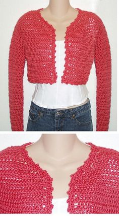 two pictures of a woman's red cardigan with white crop top and jeans