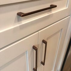 a close up of a kitchen cabinet door handle on a white cupboard with brown handles