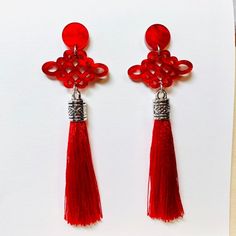 Asian Inspired Red Tassel Acrylic Earrings,  Chinese Lucky Knot Charm, Chinese New Year Red Earrings Cheap Elegant Red Tassel Earrings, Cheap Red Jewelry For New Year, Red Artsy Earrings, Luxury Red Danglers As Gift, Elegant Red Tassel Earrings, Chinese Earrings Gold, Lanturn Earrings, Kazuha Earrings, Childe Earring