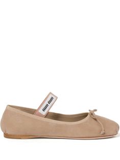 beige suede/leather appliqué logo bow detailing round toe elasticated strap slip-on style branded insole flat sole Miu Miu Flats, Miu Miu Shoes, Versace Outfit, Iconic Bags, Ballerina Shoes, Demi Fine Jewelry, Fine Watches, Summer Beach Wear, Boots And Sneakers