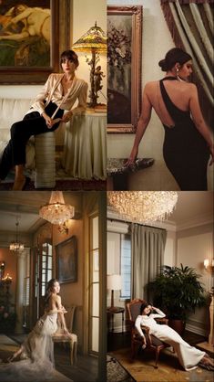 four different pictures of women in formal dress sitting on couches, one with a chandelier and the other wearing evening gowns