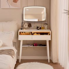 a bedroom with a white vanity and mirror