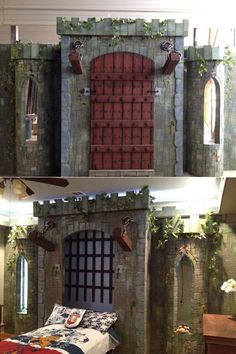 two pictures of an old castle bed with ivy growing on the top and bottom panels