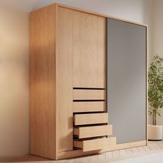 an empty room with a wooden cabinet and mirror