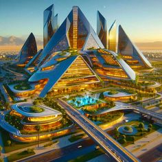 an aerial view of a futuristic building with many spires and lights on it's sides