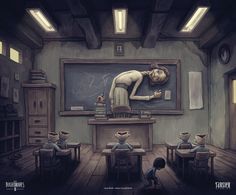 an animated image of a woman writing on a chalkboard in a classroom with children sitting at desks