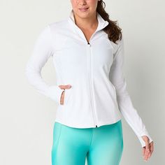 This Xersion women's tall lightweight softshell jacket is the perfect layering piece for casual and active days. It's crafted from knit fabric for a regular-fit and features a mock neck, long sleeves with thumb holes, two side slip pockets, a mid-length, and a front zipper closure. Features: Thumb HoleClosure Type: ZipperFit: Regular FitNeckline: Mock NeckPockets: 2 Side Slip PocketsSleeve Length: Long SleeveWarmth Factor: LightweightApparel Length: 27.5 InchesOuterwear Length: MidFiber Content: Tops With Leggings, Golf Jackets, Puma White, Slim Fit Jackets, Softshell Jacket, Puma Women, Running Jacket, Womens Activewear, Soft Shell Jacket