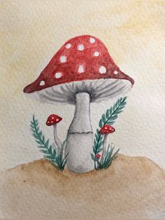 a painting of a mushroom sitting on top of a dirt hill next to leaves and plants