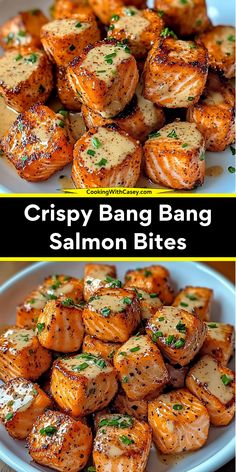 crispy bang bang salmon bites on a white plate