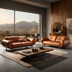 a living room with two couches and a coffee table in front of a large window