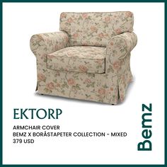 the arm chair cover is shown with flowers on it and has been made from fabric