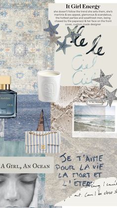 a collage of different items including an ocean scene, and the words it girl energy