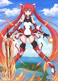 an anime character with long red hair holding two swords in front of her body and fire behind her