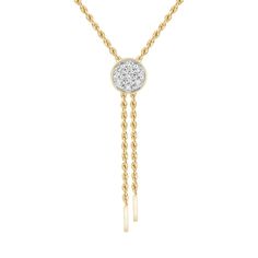 Make your elegant taste in style known with this multi-diamond lariat necklace. 10K gold Features a pair of slender chain dangles suspended beneath a sparkling round diamond composite 1/4 ct. t.w. of diamonds 17.0-inch rope chain necklace; lobster claw clasp Formal Yellow Gold Round Lariat Necklace, Yellow Gold Round Lariat Necklace, Fine Jewelry Yellow Gold Round Lariat Necklace, Fine Jewelry Lariat Necklace In Yellow Gold, Yellow Gold Diamond Lariat Necklace For Anniversary, Yellow Gold Dangle Lariat Necklace, Gold Lariat Necklace With Diamond Accents, Formal Yellow Gold Diamond Lariat Necklace, Yellow Gold Lariat Jewelry With Diamond Accents