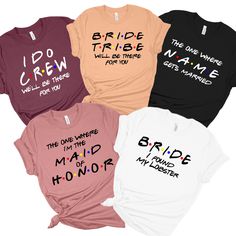 four bridesmaid shirts in different colors