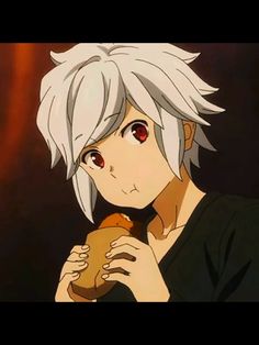 an anime character with white hair and red eyes holding a hot dog in his hand