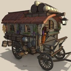 an old fashioned wagon with many items on the roof and wheels, attached to it