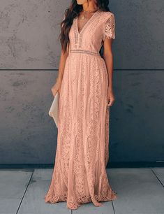 Deep V Neck Short Sleeve Floral Lace Bridesmaid Maxi Dress G4865 – wolddress Crochet Waistband, Pink Lace Maxi Dress, All Star Branco, Women Lace Dress, Lace Fabrics, Lace Bridesmaids, Maxi Bridesmaid Dresses, Guest Attire, Party Gown