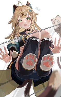 an anime character is sitting on the ground with her legs spread out and paw prints