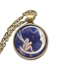 Handmade art pendant necklace featuring a fairy on the moon. This beautiful art glass pendant has been carefully handcrafted by me in my home studio in Vaxholm, Sweden. The art print is covered with a clear glass domed cabochon which enhances the image, then set in a high quality metal setting. The pendant measures 36x28mm including bail. Each pendant comes with a matching 60 cm chain with a lobster clasp. Please feel free to contact me if you would like the chain cut shorter/longer. All my art Fantasy Moon Shaped Jewelry Gift, Whimsical Moon-shaped Jewelry Gift, Vaxholm Sweden, Pixie Art, Fairy Moon, Necklace Fairy, Fantasy Magic, Art Pendant, Black Choker