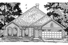 The traditional arrangement of breakfast area at the back of the plan and formal dining room at the front is reversed in this plan, with the kitchen functioning as a pass-through between the two rooms. In addition, an angled breakfast bar is a quick place to eat cereal or sort through mail, while catching up with other family members. The great room allows leisure time spent together by a cozy wood fire. A covered patio allows retreat to the outdoors under a sturdy canopy. The master suite is s