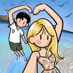 a drawing of a boy and girl standing on the beach with their hands in the air