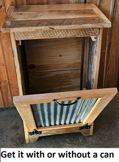 a wooden shelf with metal pipes attached to it and the words get it with or without a can