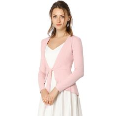 This tie-front cardigan for a casual look features long sleeves with a solid color. This ribbed and stretch cardigan gives the perfect balance to longer layers in a waist-defining cut with a tie front. This playful little sparkly cardigan for women is perfect for every outfit. Paired well with a pretty dress or jeans to complete the stylish look. Cardigan Rosa, Cardigan For Women, Cardigan Pink, Crop Cardigan, Rib Knit Cardigan, Long Sleeve Knitted Cardigan, Women's Tie, Tie Front Cardigan, Ruffle Long Sleeve