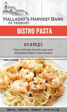 a menu with shrimp and pasta on it