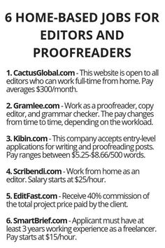 an advertisement with the words 6 home - based jobs for editorials and proofreaders