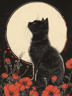 a black cat sitting in front of a full moon with red flowers on the ground