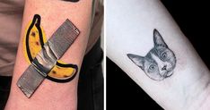 two tattoos with cats and bananas on their arms, one has a banana as the other has a cat's head