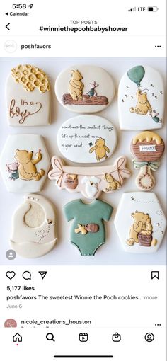 the cookies are decorated with winnie the pooh characters and baby ones on them, as well as other items