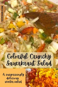 colorful chunky sauerkraut salad in a white bowl with a wooden spoon