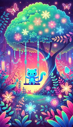 a cat sitting on a swing in the middle of a forest with flowers and butterflies