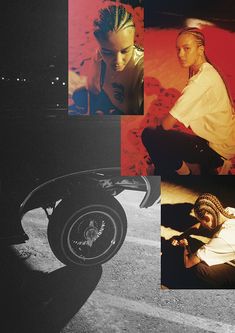 a collage of photos with two women sitting on the ground and one woman standing next to a motorcycle