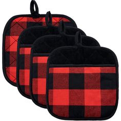 three red and black buffalo plaid pot holders