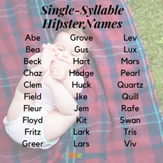 a baby laying on top of a red and blue blanket next to the words single - sytiable hipster names