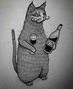 a black and white drawing of a cat holding a bottle of wine