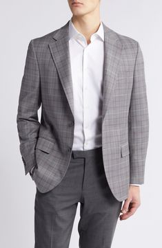 A subtle plaid emerges from the grey background of this sport coat tailored from stretch wool and styled to elevate any casual or semiformal look. Front button closure Notched lapels Nonfunctional four-button cuffs Front flap pockets Side slits Partially lined 99% wool, 1% spandex Dry clean Made in Portugal Plaid Sport Coat With Concealed Placket For Business Casual, Timeless Plaid Blazer For Business Casual, Classic Plaid Blazer For Business Casual, Tailored Plaid Sport Coat For Business Casual, Elegant Plaid Sport Coat For Business Casual, Elegant Business Casual Plaid Sport Coat, Business Gray Sport Coat With Lapel Collar, Gray Sport Coat With Lapel Collar For Business Casual, Timeless Gray Blazer For Business Casual