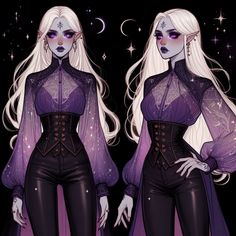 a drawing of a woman with long white hair wearing purple clothes and black tights